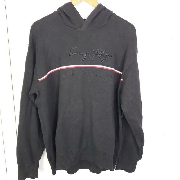 Tommy Hilfiger Sweater Mens Large Hoodie Hooded Spellout Roman Numberals 90s - Picture 1 of 10